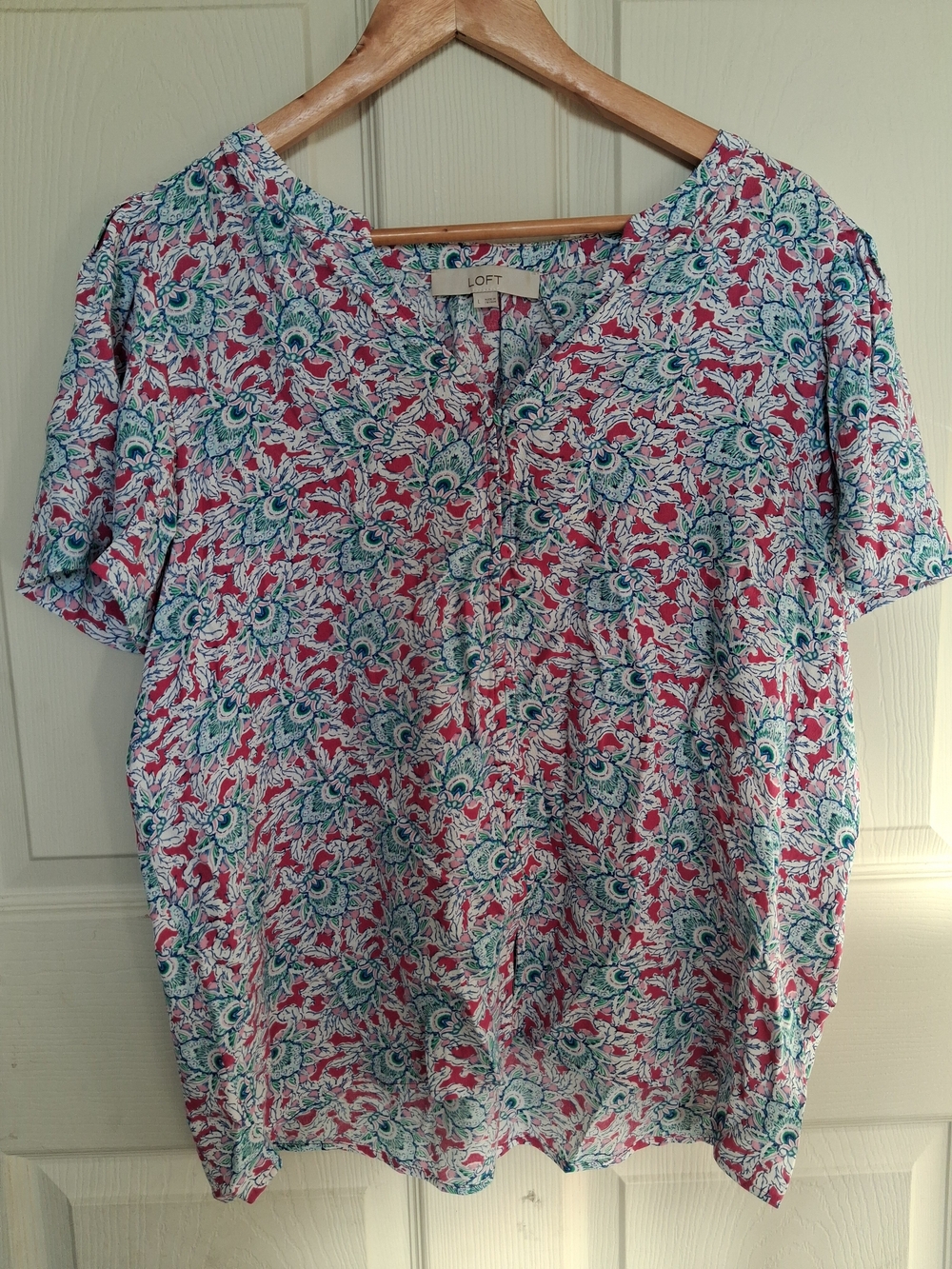 LOFT Teal Pink Floral Peacock Short Sleeve V Neck High Low Blouse Top L